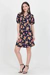 Neşeli butik kadın kruvaze yaka çiçek desenli örme krep mini elbise NB100221