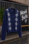 Neşeli butik kadın lacivert kolej tarzı baklava desenli düğmeli triko hırka NBHT06