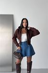 Neşeli butik kadın kahverengi 3 iplik şardonlu kapüşonlu fermuarlı crop sweatshirt NBG6224