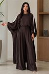 Neşeli butik kadın kahve şerit detaylı oversize tunik pantolon ikili tesettür takım NMS102