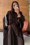 Neşeli butik kadın kahve şerit detaylı oversize tunik pantolon ikili tesettür takım NMS102