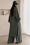 Neşeli butik kadın haki şerit detaylı oversize tunik pantolon ikili tesettür takım NMS102