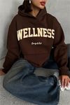 Neşeli butik kadın kahve nakış detaylı kapuşonlu kışlık sweat NBG032