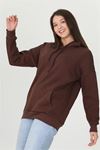 Neşeli butik kadın kahverengi kapüşonlu kanguru cepli üç iplik sweatshirt FVR002