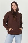Neşeli butik kadın kahverengi kapüşonlu kanguru cepli üç iplik sweatshirt FVR002