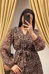 Neşeli butik kadın kuşaklı leopar desenli şifon elbise NBMY3709