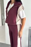 Neşeli butik kadın bordo çift renkli oversize yelekli premium eşofman takımı NBRW5063