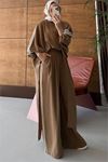 Neşeli butik kadın camel şerit detaylı oversize tunik pantolon ikili tesettür takım NMS102