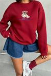 Neşeli butik kadın bordo içi pamuklu nakış detaylı sweat NBG035