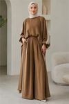 Neşeli butik kadın camel şerit detaylı oversize tunik pantolon ikili tesettür takım NMS102
