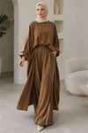 Neşeli butik kadın camel şerit detaylı oversize tunik pantolon ikili tesettür takım NMS102