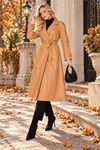 Neşeli butik kadın camel omuz apoletli tam boy suni deri astarsız trençkot NBFT014