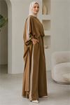 Neşeli butik kadın camel şerit detaylı oversize tunik pantolon ikili tesettür takım NMS102