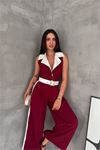 Neşeli butik kadın bordo çift renkli kemerli şerit detaylı tam boy kolsuz tulum NBK087