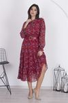 Neşeli butik kadın astarlı etnik desenli şifon elbise RSNB002 - Bordo