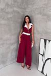 Neşeli butik kadın bordo çift renkli kemerli şerit detaylı tam boy kolsuz tulum NBK087