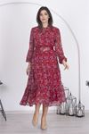Neşeli butik kadın astarlı etnik desenli şifon elbise RSNB002 - Bordo