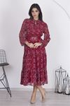 Neşeli butik kadın astarlı etnik desenli şifon elbise RSNB002 - Bordo