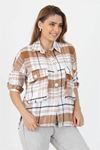 Neşeli butik kadın katlanabilir kol cep detaylı ekose oduncu gömlek NB9020