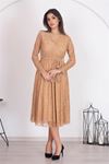 Neşeli butik kadın camel kuşaklı kruvaze yaka astarlı dantel elbise RSSN31