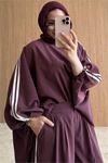 Neşeli butik kadın bordo şerit detaylı oversize tunik pantolon ikili tesettür takım NMS102