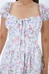 Neşeli butik kadın ekru çiçek desenli balon kol kare yaka midi elbise NBMY4108