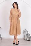 Neşeli butik kadın camel kuşaklı kruvaze yaka astarlı dantel elbise RSSN31