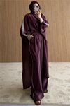 Neşeli butik kadın bordo şerit detaylı oversize tunik pantolon ikili tesettür takım NMS102