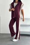 Neşeli butik kadın bordo çift renkli oversize yelekli premium eşofman takımı NBRW5063