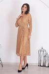 Neşeli butik kadın camel kuşaklı kruvaze yaka astarlı dantel elbise RSSN31