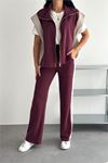 Neşeli butik kadın bordo çift renkli oversize yelekli premium eşofman takımı NBRW5063