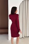 Neşeli butik kadın bordo dik yaka vatkalı taş detaylı mini elbise NBK5001
