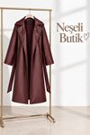 Neşeli butik kadın bordo kol detaylı tam boy suni deri kuşaklı premium trençkot NBELV01