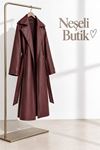 Neşeli butik kadın bordo kol detaylı tam boy suni deri kuşaklı premium trençkot NBELV01