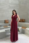 Neşeli butik kadın bordo v yaka simli tül abiye elbise NBS9223