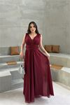Neşeli butik kadın bordo v yaka simli tül abiye elbise NBS9223