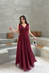 Neşeli butik kadın bordo v yaka simli tül abiye elbise NBS9223