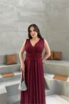 Neşeli butik kadın bordo v yaka simli tül abiye elbise NBS9223