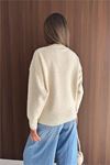Neşeli butik kadın bej yaka taş işlemeli oversize triko kazak NBK25818 ( STD-36-42)